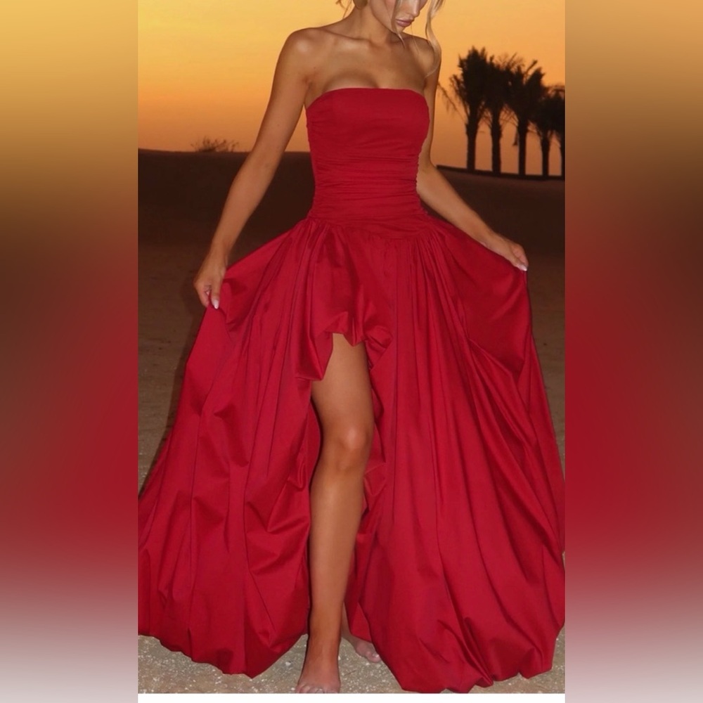 Elegant Strapless High-Low Red Dress